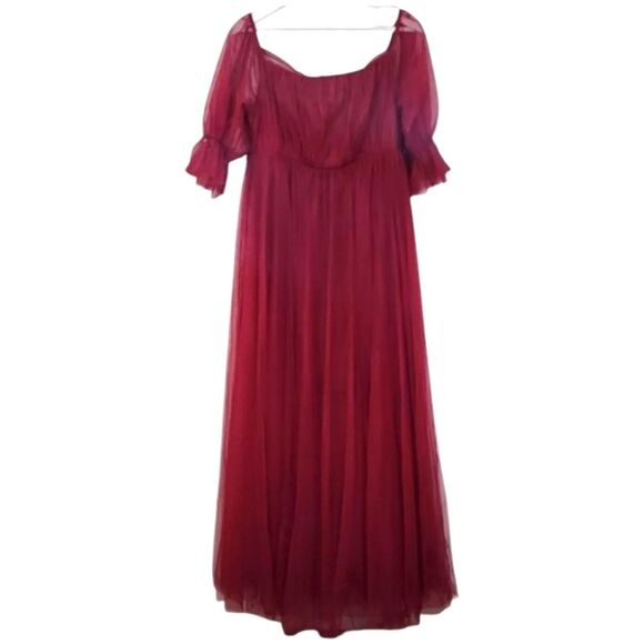 Ever Pretty Deep Red Maxi Gown with Puff Sleeves and Scoop Neck Size XL NWT - Picture 1 of 10
